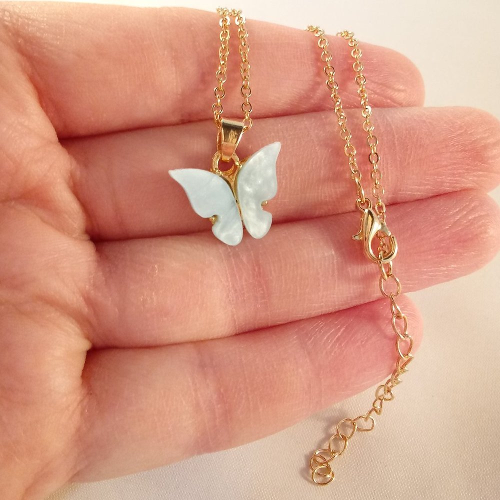 Gold Plated Blue Opal Resin Butterfly Pendant Chain Necklace 18" Party Gift